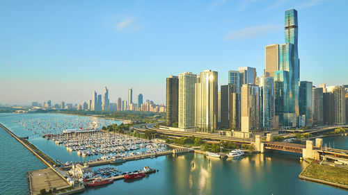 High angle view of buildings in city against sky