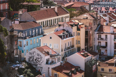 High angle view of buildings in city