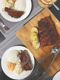 High angle view of breakfast served on table