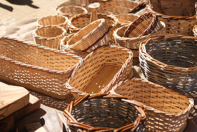 Close-up of wicker basket for sale at market stall