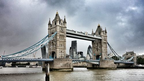 Bridge over river with city in background