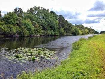 Scenic view of lake against cloudy sky