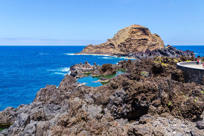 Scenic view of sea against clear blue sky