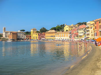 Scenic view of sea against clear blue sky