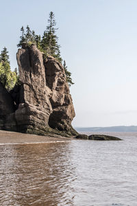 Rock formation in sea against clear sky