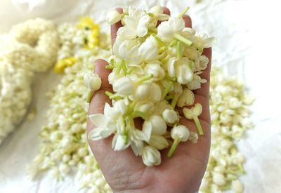 Close-up of hand holding white flower bouquet