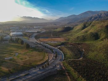 High angle view of road on mountain against sky