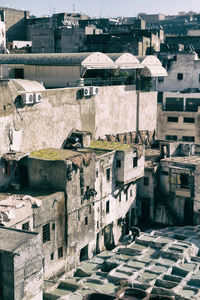 High angle view of old buildings in town