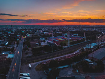 High angle view of cityscape against sky during sunset