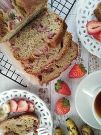 High angle view of strawberry banana bread served on table
