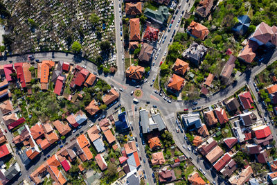 Aerial view of street amidst buildings in town