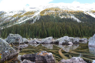 Scenic view of lake against rocks during winter