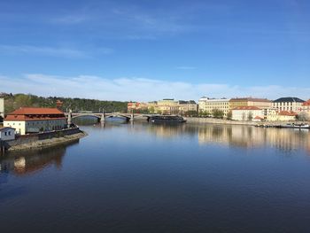 Bridge over river by buildings against blue sky