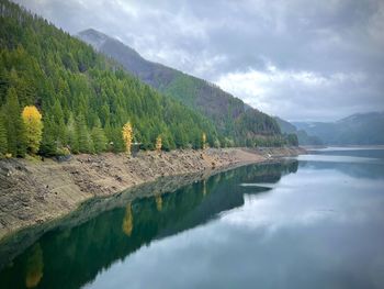 Scenic view of lake and mountains against sky