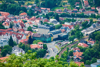 High angle view of buildings in city