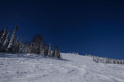 Sunny winter morning in the mountains of sheregesh on the ski track