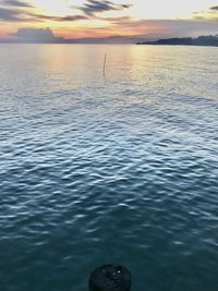 Low section of person in sea against sky during sunset