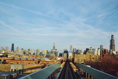 Railroad tracks amidst modern buildings against sky in city