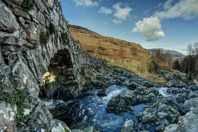 Scenic view of waterfall against sky