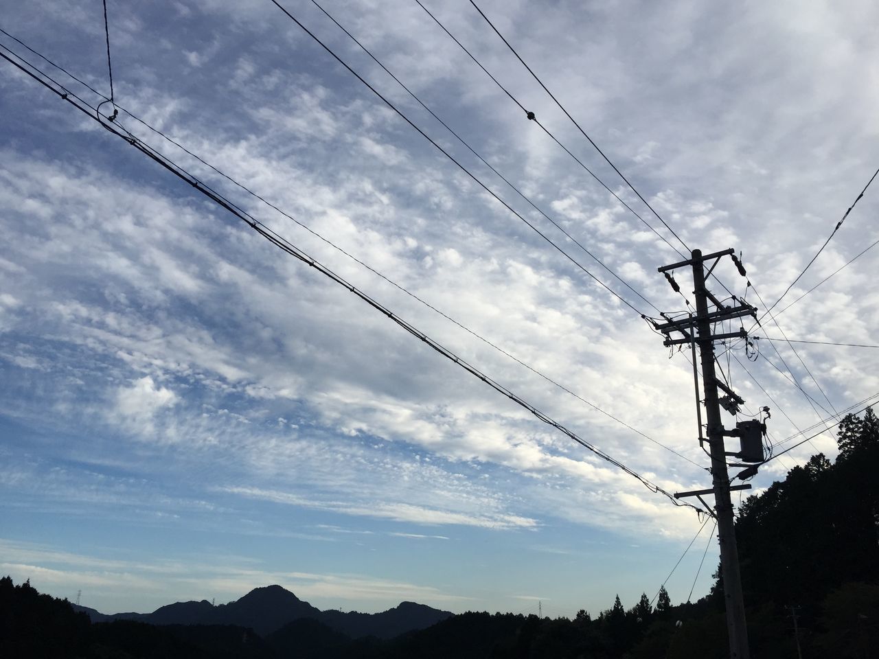 sky, power line, electricity pylon, low angle view, electricity, cable, cloud - sky, fuel and power generation, power supply, connection, animal themes, cloudy, bird, technology, silhouette, cloud, wildlife, flying, animals in the wild, day