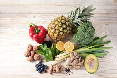 High angle view of pineapples on table