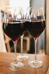 The glasses with red french wine in a restaurant