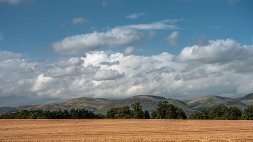 Panoramic landscape near the city of stirling in the scottish lowlands with the ochil hills