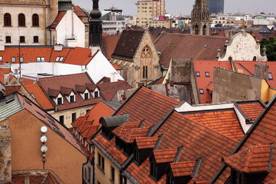 High angle view of buildings in city