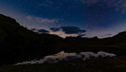 Scenic view of lake against sky at night