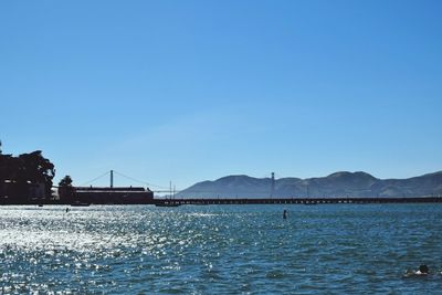 Scenic view of sea against clear blue sky