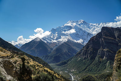 Scenic view of snowcapped mountains against blue sky