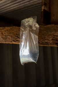 Close-up of crystal ball hanging on wood against wall