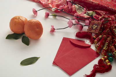 High angle view of various flowers on table