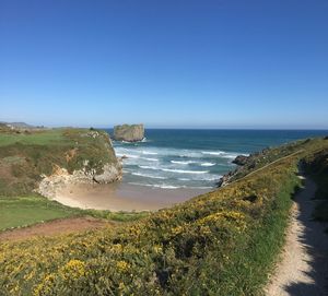 Scenic view of sea against clear blue sky