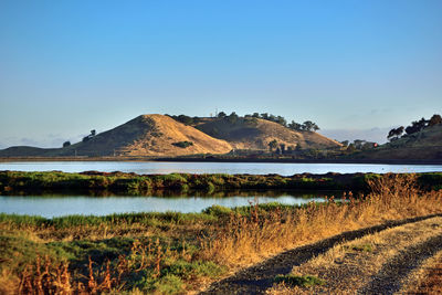 Scenic view of lake against clear blue sky