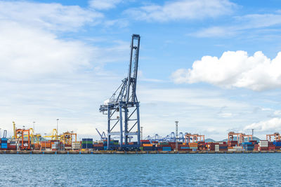 Cranes at commercial dock against sky