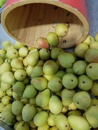 High angle view of apples in basket for sale at market stall