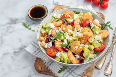 High angle view of food in bowl on table