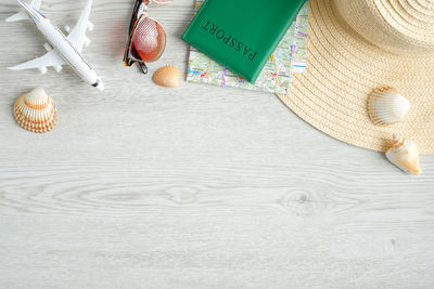 High angle view of shells on table