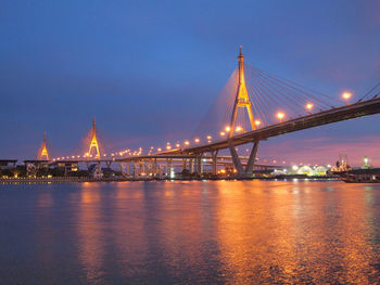 Illuminated bridge over river with city in background