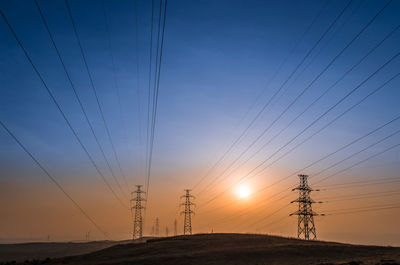 Electricity pylon against sky during sunset