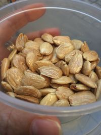 Close-up of hand holding marcona almonds in bowl