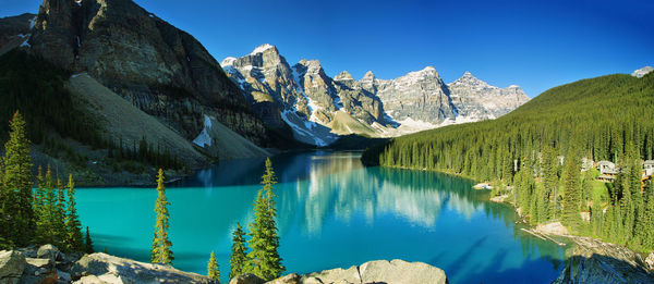 Panoramic view of lake and mountains against blue sky