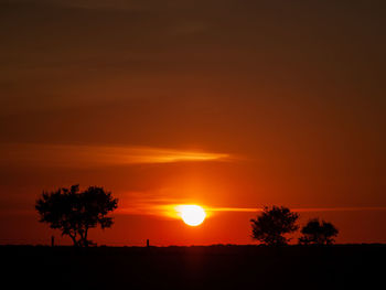 Silhouette trees on field against romantic sky at sunset