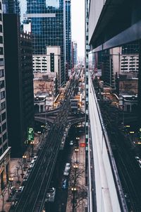 High angle view of multiple lane highway in city