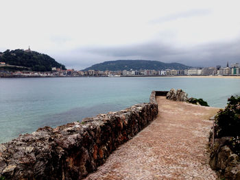 Scenic view of sea against sky in city