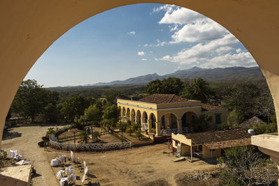 Panoramic view of residential district against sky