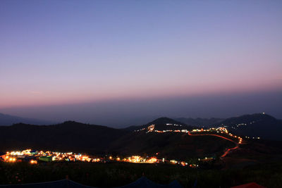 High angle view of illuminated city against sky at sunset