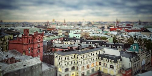 High angle view of residential district against sky