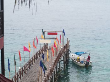 High angle view of wooden post in sea